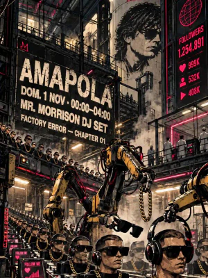Cartel de estilo futurista e industrial en tonos oscuros y rojos titulado 'Amapola – Factory Error (Chapter 01)', que anuncia la actuación de Mr. Morrison DJ Set el domingo 1 de noviembre de 00:00 a 04:00 horas.