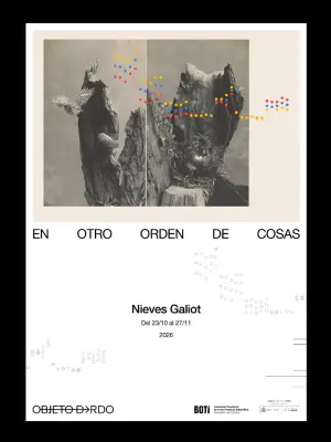 Cartel de la exposición de arte "En otro orden de cosas" de Nieves Galiot. En la parte superior muestra una fotografía en blanco y negro de un tronco de árbol cortado y un nido, intervenida con puntos de colores dispuestos de manera geométrica. En el centro se lee el título en mayúsculas, el nombre de la artista "Nieves Galiot" y las fechas "Del 23/10 al 27/11 2026", acompañado de los logotipos institucionales en el faldón inferior.